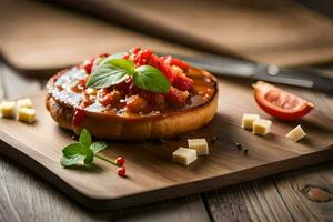 ein Stück von Brot gekrönt mit Tomate Soße und Käse. KI-generiert foto