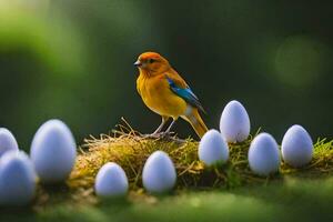 ein Vogel sitzt auf ein Nest von Weiß Eier. KI-generiert foto