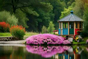 ein bunt Pavillon sitzt auf das Kante von ein Teich. KI-generiert foto