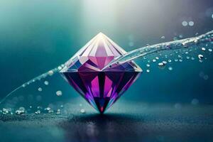 ein lila Diamant mit Wasser Tröpfchen auf Es. KI-generiert foto
