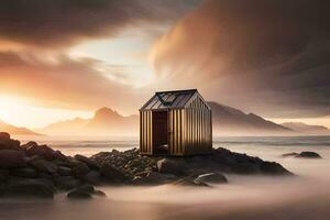 ein klein Hütte sitzt auf das Felsen im Vorderseite von ein Berg. KI-generiert foto