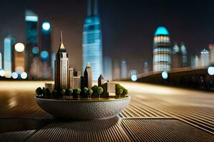 ein Stadtbild mit ein klein Modell- von ein Stadt im ein Schüssel. KI-generiert foto