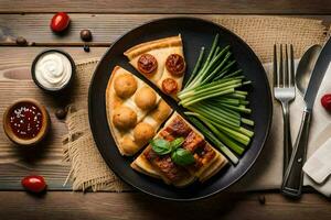 ein Teller mit Pizza, Brot und Gemüse. KI-generiert foto