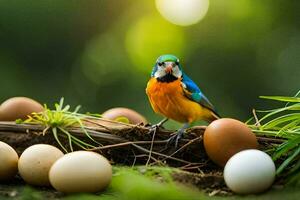 ein Vogel ist Sitzung auf oben von Eier. KI-generiert foto