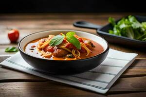 Spaghetti mit Fleischklößchen und Tomate Soße im ein Schüssel. KI-generiert foto