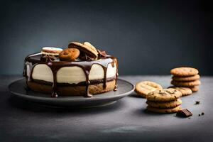 ein Schokolade Kuchen mit Kekse und Sahne auf ein Platte. KI-generiert foto