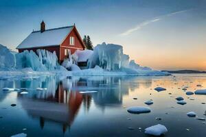 ein rot Haus sitzt auf oben von ein Eisberg. KI-generiert foto
