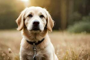 ein golden Retriever Sitzung im ein Feld. KI-generiert foto