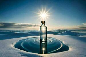 ein Flasche von Wasser sitzt auf das Schnee bedeckt Boden. KI-generiert foto