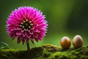 zwei Eier sind Sitzung auf oben von ein Rosa Blume. KI-generiert foto