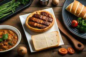 ein Tabelle mit Essen und Brot auf Es. KI-generiert foto