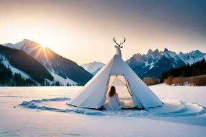 ein Frau sitzt im Vorderseite von ein Tipi im das Schnee. KI-generiert foto