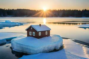ein klein Haus sitzt auf ein Eis Scholle im das Mitte von das Wasser. KI-generiert foto