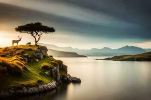 ein einsam Baum steht auf ein Hügel mit Blick auf ein See. KI-generiert foto