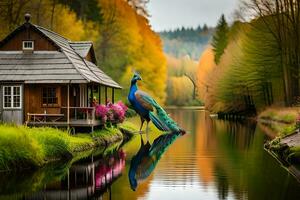 ein Pfau steht auf ein Dock Nächster zu ein Haus. KI-generiert foto