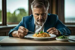 ein Mann im ein Blau passen ist Essen Spaghetti. KI-generiert foto