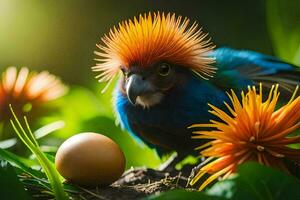 ein bunt Vogel mit ein Mohawk sitzt auf ein Felsen. KI-generiert foto