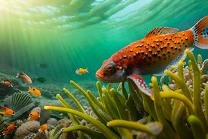 ein unter Wasser Szene mit ein Orange Fisch und Koralle. KI-generiert foto
