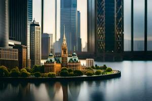 ein Miniatur Stadt mit hoch Gebäude und Wasser. KI-generiert foto