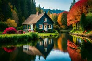 ein Blau Haus sitzt auf das Kante von ein See umgeben durch Bäume. KI-generiert foto