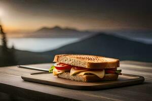 ein Sandwich auf ein hölzern Tafel mit ein Aussicht von das Berge. KI-generiert foto