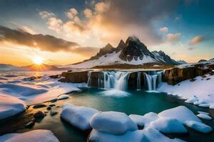 das Sonne steigt an Über das Berge und Wasserfälle im Island. KI-generiert foto