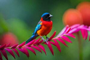 ein bunt Vogel sitzt auf ein Ast mit Rosa Blumen. KI-generiert foto