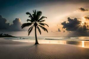 das Sonne steigt an Über das Ozean und das Palme Baum auf das Strand. KI-generiert foto