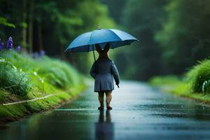 ein Person Gehen Nieder ein nass Straße mit ein Regenschirm. KI-generiert foto
