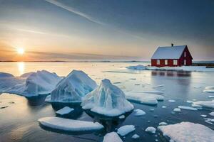 das Sonne setzt Über das Eis Schollen im das Arktis. KI-generiert foto