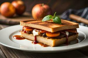 ein gegrillt Sandwich mit Äpfel und Käse auf ein Weiß Platte. KI-generiert foto