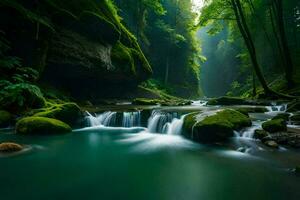 ein Fluss fließend durch ein Grün Wald. KI-generiert foto