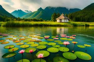 das See ist voll von Lilie Pads und Wasser Lilien. KI-generiert foto