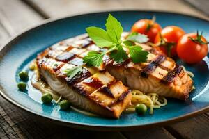 gegrillt Lachs auf ein Blau Teller mit Tomaten und Gemüse. KI-generiert foto