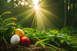 Ostern Eier im das Gras mit Sonne leuchtenden. KI-generiert foto