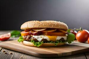 Hamburger mit Käse, Tomaten und Grüner Salat auf ein hölzern Schneiden Tafel. KI-generiert foto