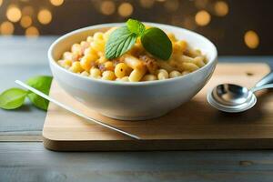 ein Schüssel von Pasta mit Käse und Basilikum Blätter. KI-generiert foto