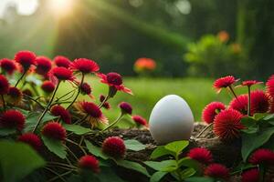 ein Ei ist Sitzung im das Mitte von ein Feld von Blumen. KI-generiert foto