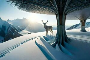 ein Hirsch steht unter ein Struktur im das Schnee. KI-generiert foto