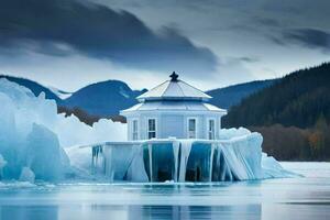 ein Haus auf oben von ein Eisberg im das Mitte von das Wasser. KI-generiert foto