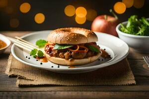 ein Bagel Sandwich mit Fleisch und Gemüse auf ein Platte. KI-generiert foto