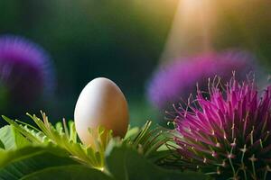 ein Ei Sitzung auf oben von ein Distel Blume. KI-generiert foto