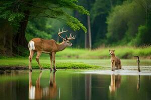 ein Hirsch und ein Fuchs Stehen im das Wasser. KI-generiert foto