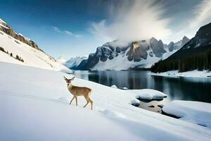 ein Hirsch steht im das Schnee in der Nähe von ein See. KI-generiert foto