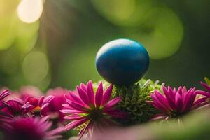 ein Blau Ei Sitzung auf oben von etwas Blumen. KI-generiert foto