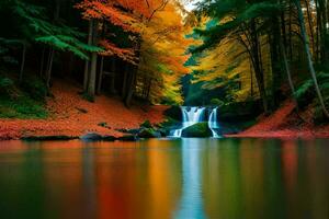 ein Wasserfall im das Mitte von ein Wald mit bunt Bäume. KI-generiert foto