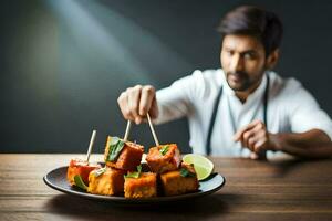 ein Mann ist halten ein Spieß von Essen auf ein Platte. KI-generiert foto