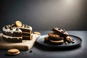 Schokolade Kuchen mit Kekse und Sahne auf ein Platte. KI-generiert foto