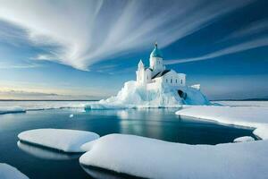 ein Kirche auf ein Eisberg im das Mitte von das Ozean. KI-generiert foto