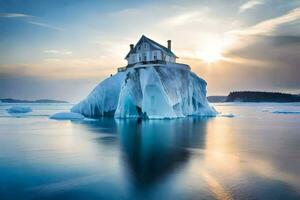 ein Haus auf ein Eisberg im das Mitte von das Ozean. KI-generiert foto